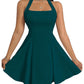 GORGLITTER Women's Halter A Line Mini Dress Sleeveless High Waist Swing Party Cocktail Dresses Dark Green L