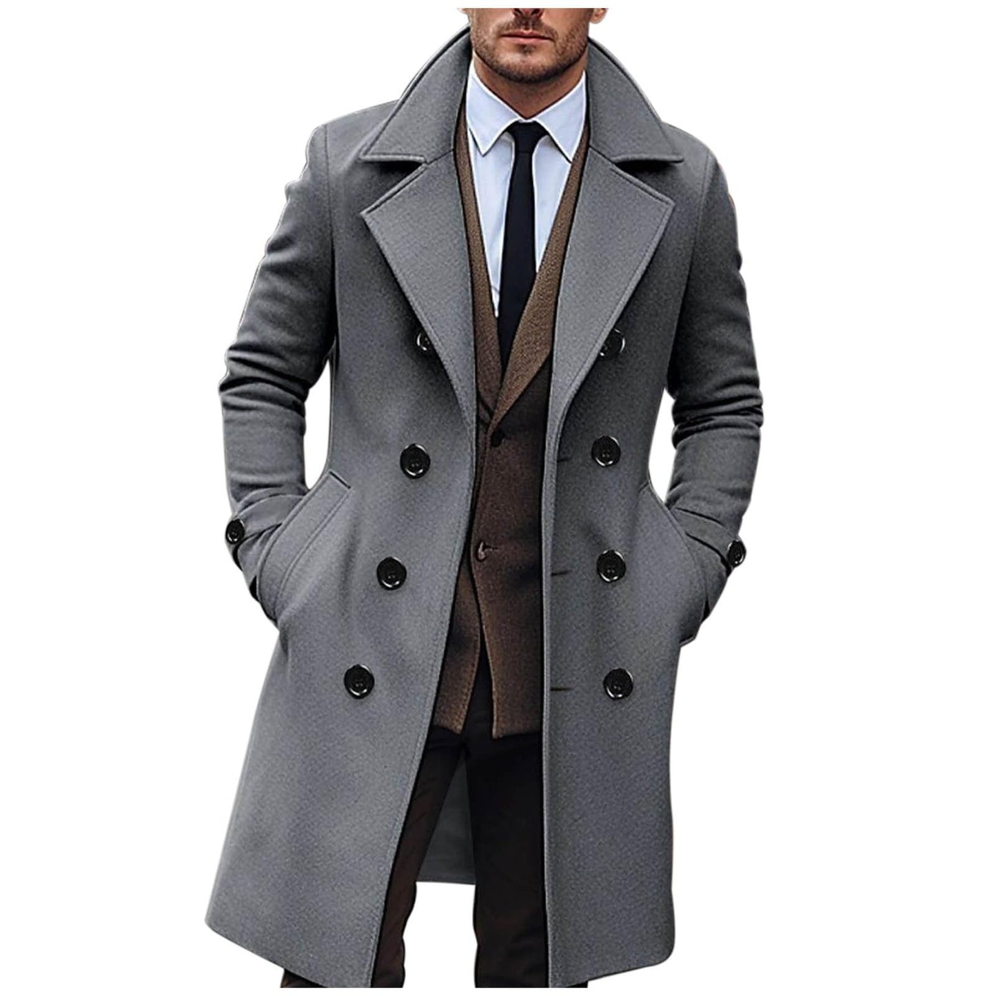 AEGJEGVD Wool Coats for Men UK Clearance,Long Trench Coat Mens Solid Turndown Long Sleeve Classic Business Coat Winter Casual Slim Fit Double Breasted Overcoat Windbreaker Warm Pea Coat S-3XL