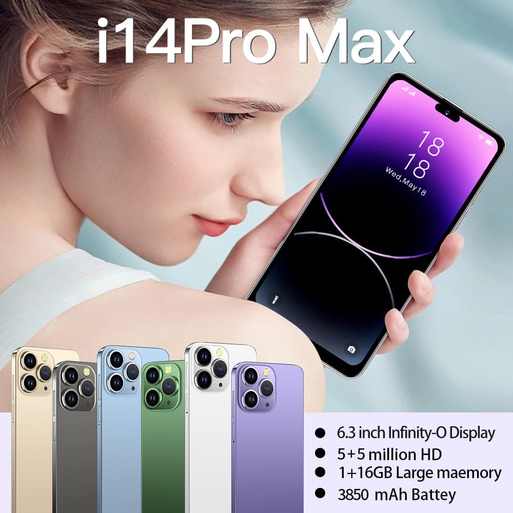 JtQtJ i14Pro Max Cheap Smartphones, Android 9.0 Mobile Phones with 6.3" HD Display, Dual SIM, Dual Cameras, 16GB ROM(Expandable to 128GB),Wifi,GPS,Bluetooth,Face ID (i14Pro Max(6.3")-Purple)