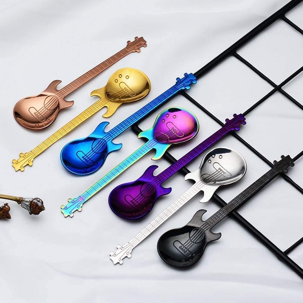 Guitar Coffee Teaspoons, 7pcs Colorful Stainless Steel Musical Coffee Spoons Cute Tea Spoons Set Stirring/Mixing/Sugar/Dessert/Jam/Ice Cream Spoon