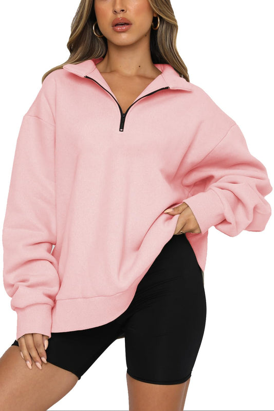 FANGJIN Jumpers for Women UK Long Sleeve 1/4 Zip Drop Shoulder Tops for Women UK Winter Solid Color Lapel Collar Sweatshirt for Women UK Pink Size XL