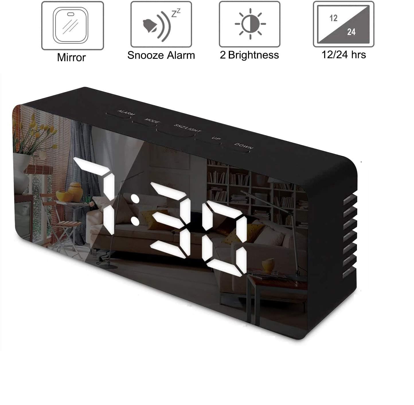 JJN Digital Clock Large Display, LED Electric Alarm Clock Mirror Surface for Makeup with Diming Mode, 3 Levels Brightness,USB Ports Modern Decoration for Home Bedroom Decor (Black)