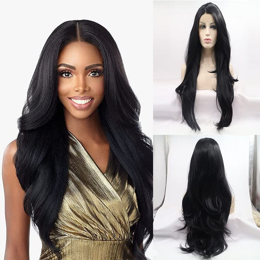 Xiweiya 1b# Black Hair Wig Long Body Wavy Natural Black Synthetic Lace Front Wigs Heat Resistant Fiber Wig 1x12 T Part Lace Wig Natural Hairline Wig for Women 24inch