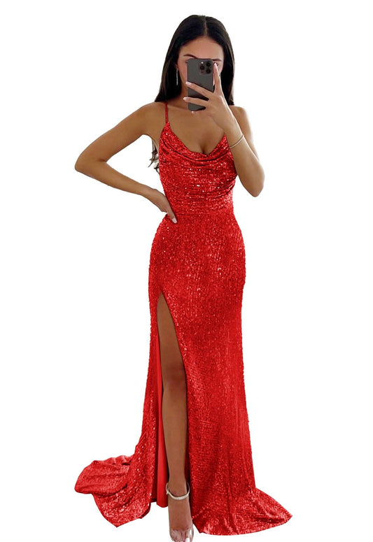 PAVERJER Sequin Prom Dresses for Teens 2024 Mermaid Formal Dress Long Cowl Neck Evening Party Gown with Slit Red Size 8