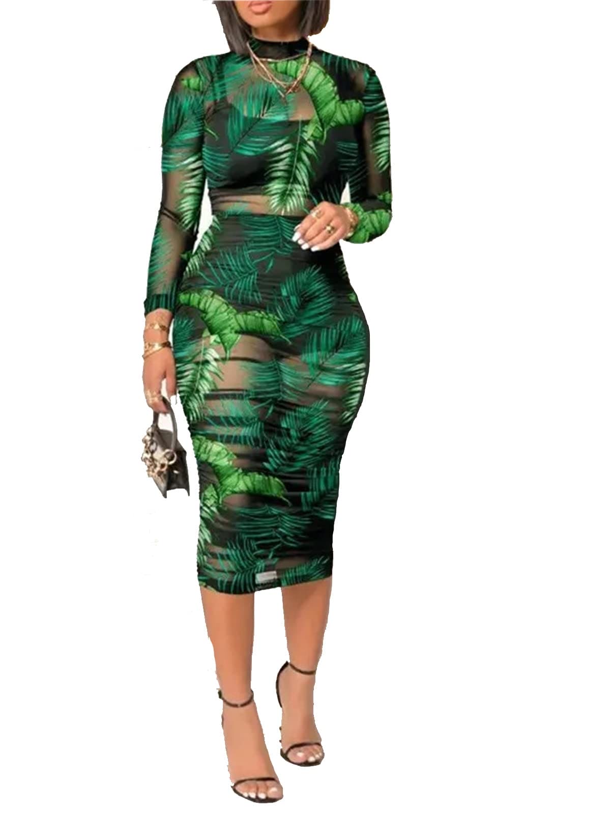 Women's Sexy See Through Sheer Mesh Long Sleeve Floral Midi Cover Up Dress Crop Tank Tops Skirt 3 Piece Outfits Set Green S