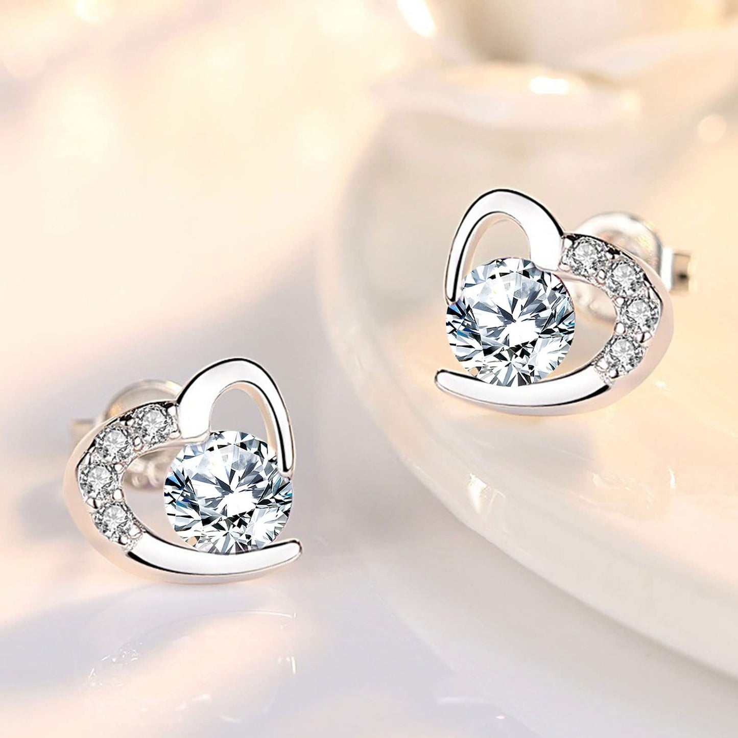 Silver Stud Earrings for Women, Stud Earrings White Gold Cubic Zirconia Heart Stud│Dainty Earrings Jewellery Gift for Girls