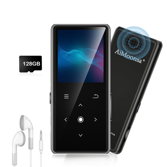 128GB MP3 Player with Bluetooth 5.2, AiMoonsa Music Player with Built-in HD Speaker, FM Radio, Voice Recorder, HiFi Sound, E-Book Function, Earphones Included (Black 128G)