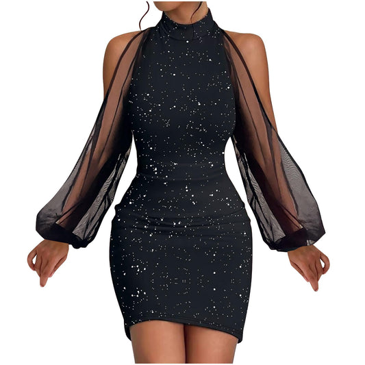 Sequin Dress for Women UK Cold Shoulder Bodycon Mesh Long Sleeve Mini Dresses Turtleneck Neck Sexy Evening Wedding Guest Dress Dinner Dance Party Dress Elegant Ladies Sparkly Glitter Clubwear