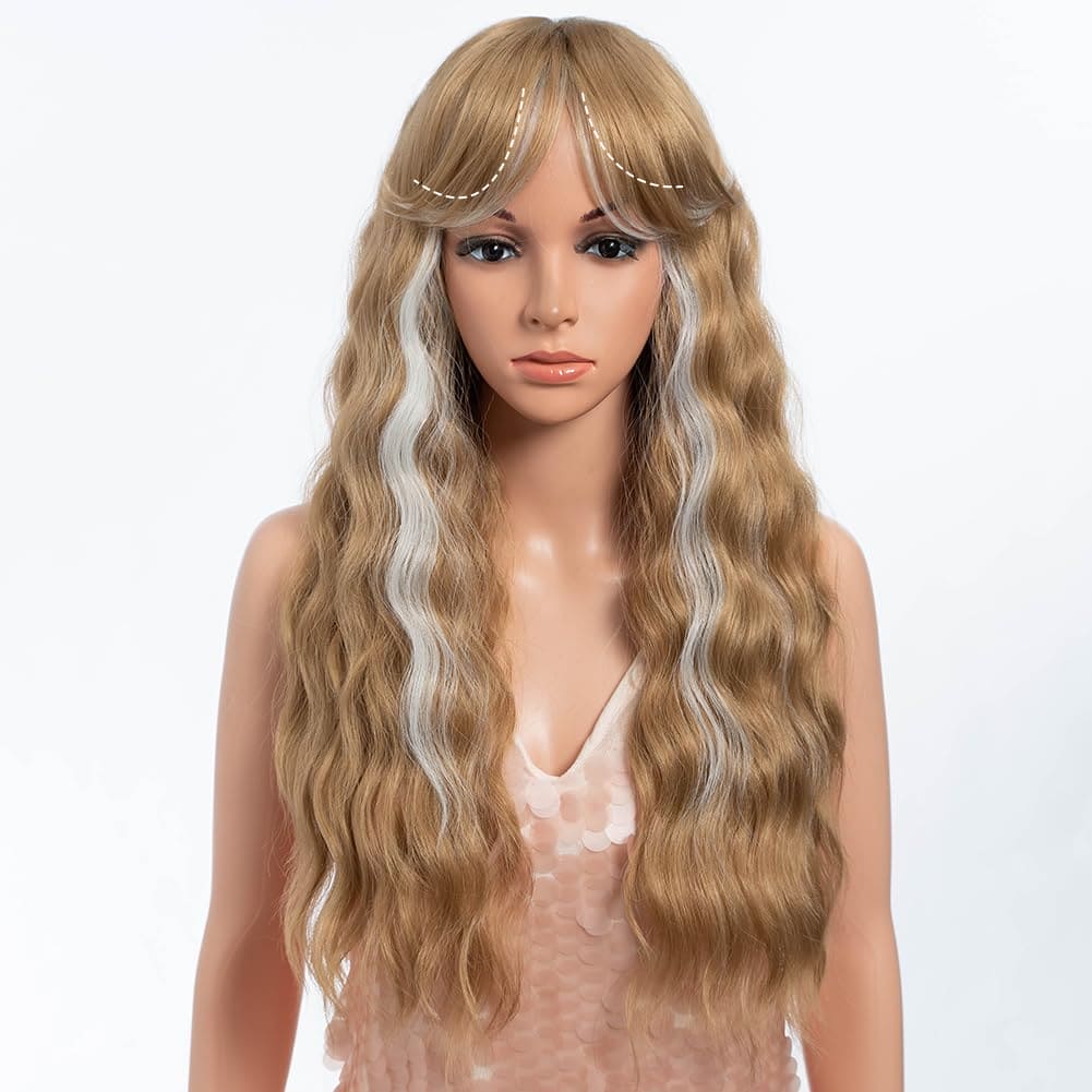 Style Icon Synthetic Hair Wigs for Women Fashion Blonde/Red/Purple/Pink/Ombre Color Wigs with Bangs of Door Curtain Style Wavy/Curly/Straight Wig (25 inches, HL24R/1001E)