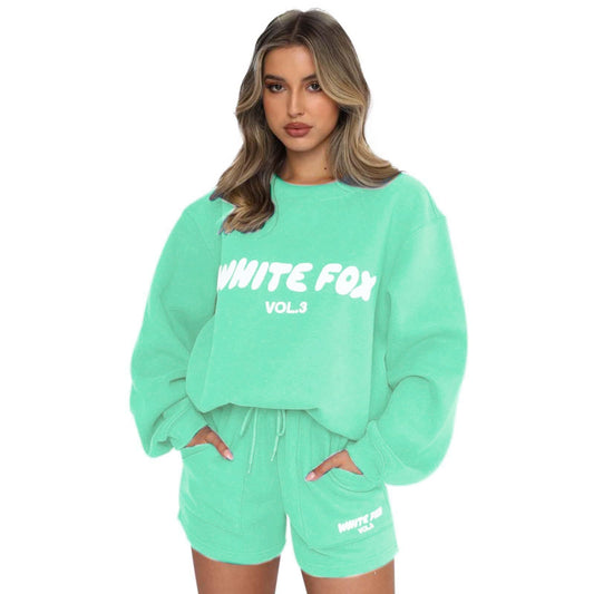 Women's White Fox Tracksuit Set Oversized Two Piece Outfit Long Sleeve Pullover and Loose Short Sweatpants Y2k Jogger Track Suit Ladies Gym Activewear Casual Sportwear Running Walking Hiking