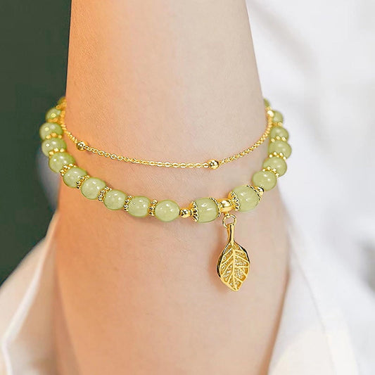 black friday deals 2024 Hetian Jade Gold Leaf Bracelet Xmas Gift Crystal Glass Bracelet For Women Chinese Style Jade Bead Bracelet Gifts For Her Him Wife Grandma Grandpa Mother Father