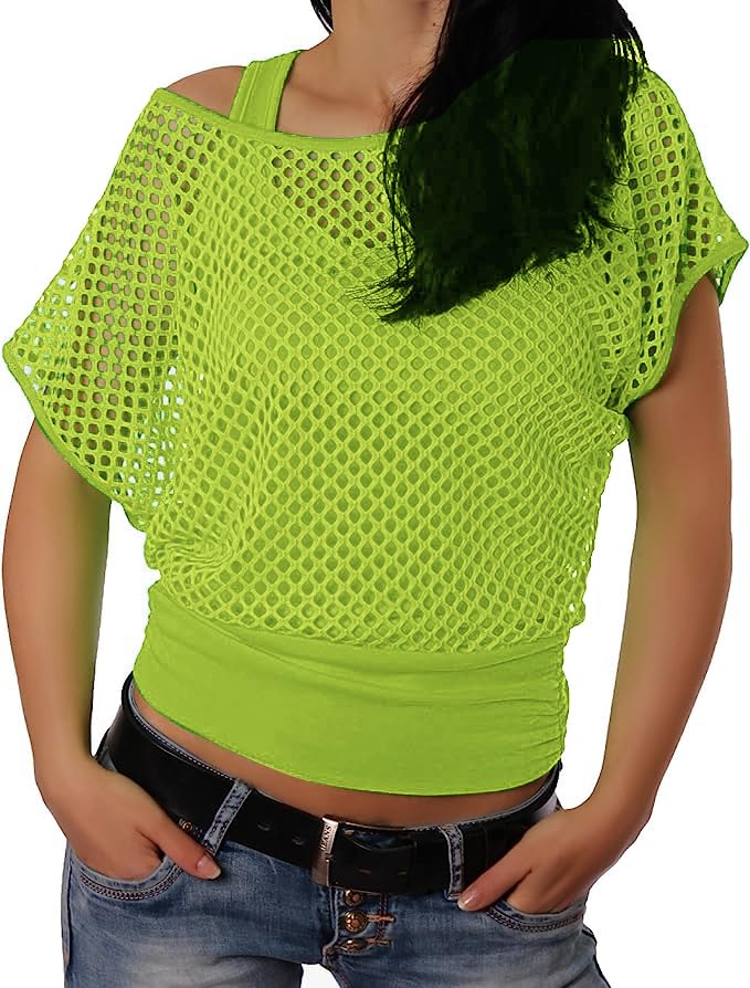 ELFIN Women 80s T Shirts Neon Fishnet Mesh Top Off Shoulder Tops Fany Dress for Women (Tops+Vest)