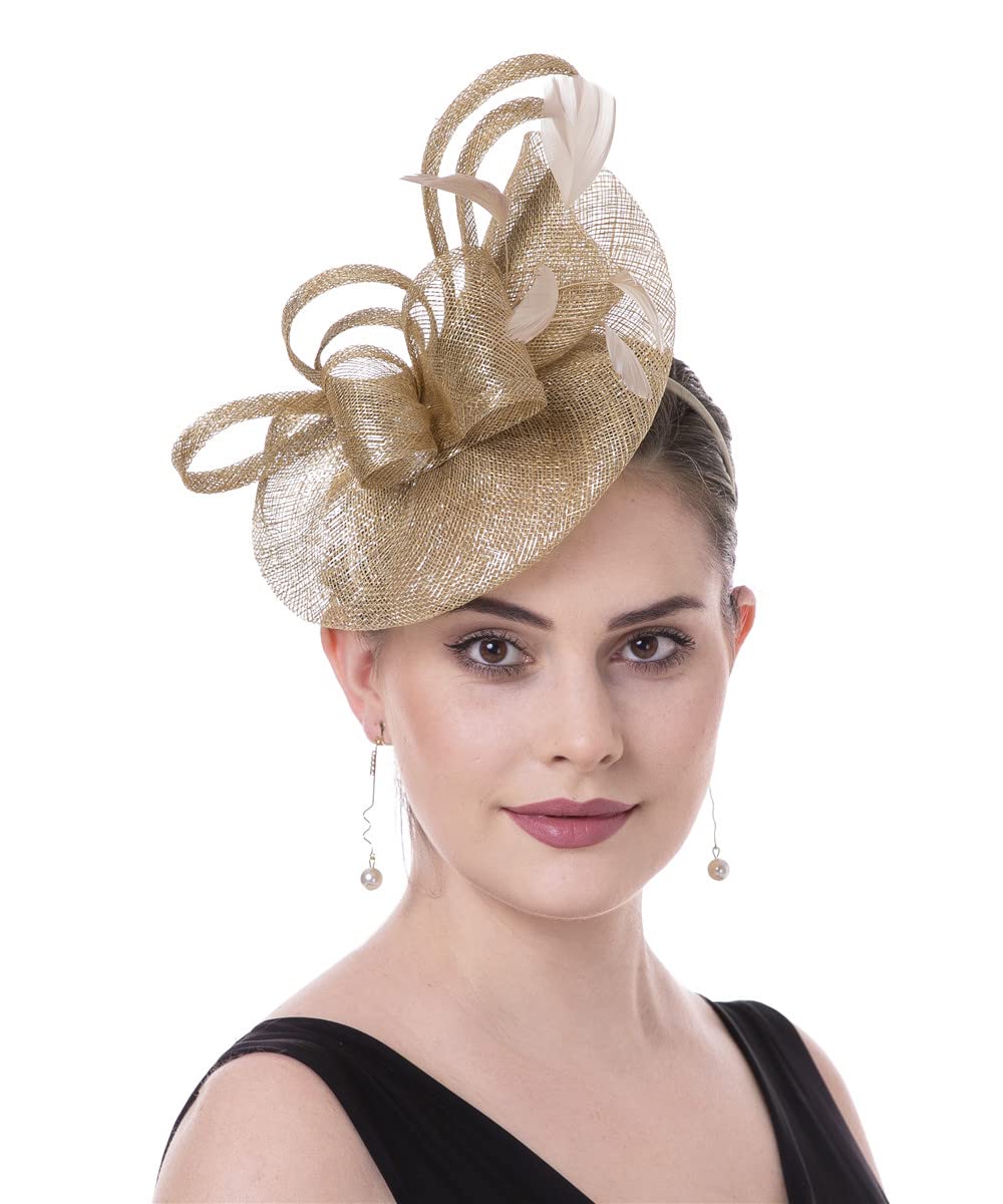 Sinamay Flower Feather Headband Fascinator Wedding Headwear Ladies Race Royal Ascot Pillbox Wedding Cocktail Tea Party Derby Hat for Women(A16-Khaki)