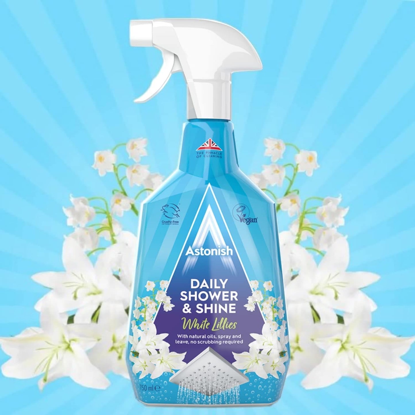 AMK® Astonish Daily Shower Shine Cleaner White Lilies Scent 750ml Trigger Spray Cleaning Bathroom Glass