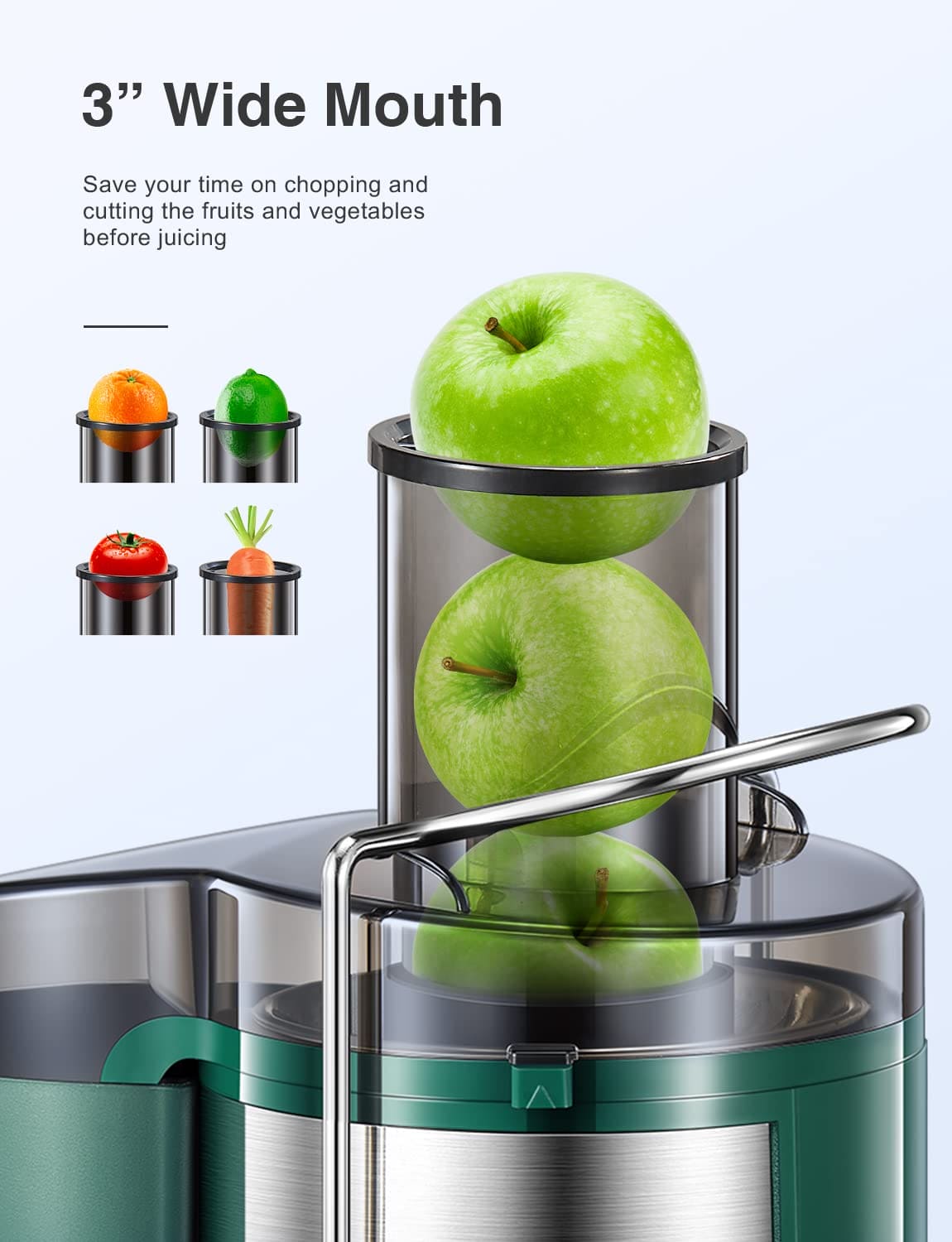 Qcen Juicer Machine, 500W Centrifugal Juicer Extractor with Wide Mouth 3” Feed Chute for Fruit Vegetable, Easy to Clean, Stainless Steel, BPA-free (Green)