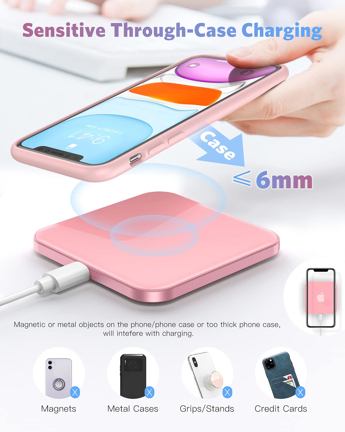 AGPTEK Wireless Charger, Qi-Certified 15W Max Fast Wireless Charging Pad Compatible with iPhone 15/14/13/12/12 Pro/11/XS Max/XR/8, Galaxy S24/S23/S22/20/S10, AirPods Pro, Pink (No AC Adapter)