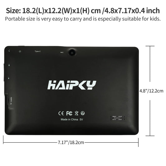 haipky 7 Inch Android 11.0 Tablet PC, 2GB RAM+32GB ROM, Quad Core, Dual Cameras, 1024x600 HD Screen, WiFi, Bluetooth, GMS, Gift for Adult & Kids (Black)