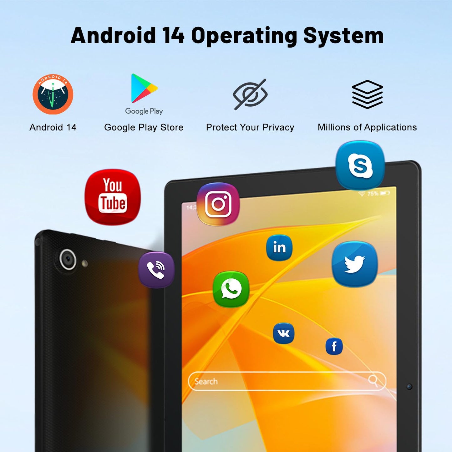 Tablet 10 Inch Android 14 Octa-Core 8GB RAM 32GB ROM 1TB TF Extension 1280x800 IPS Touchscreen GMS-Certified Tablet PC 2.4GHz/5GHz WiFi Bluetooth 5.3 Widevine L1 Dual Camera Speakers 5000mAh (Black)