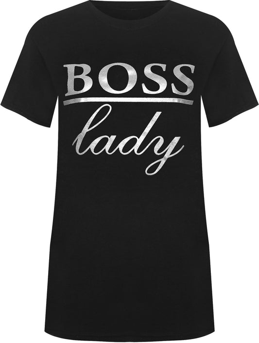 WearAll Women's Plus Boss Lady Slogan Foil Print Short Sleeve T-Shirt New Ladies Top - Black - 18