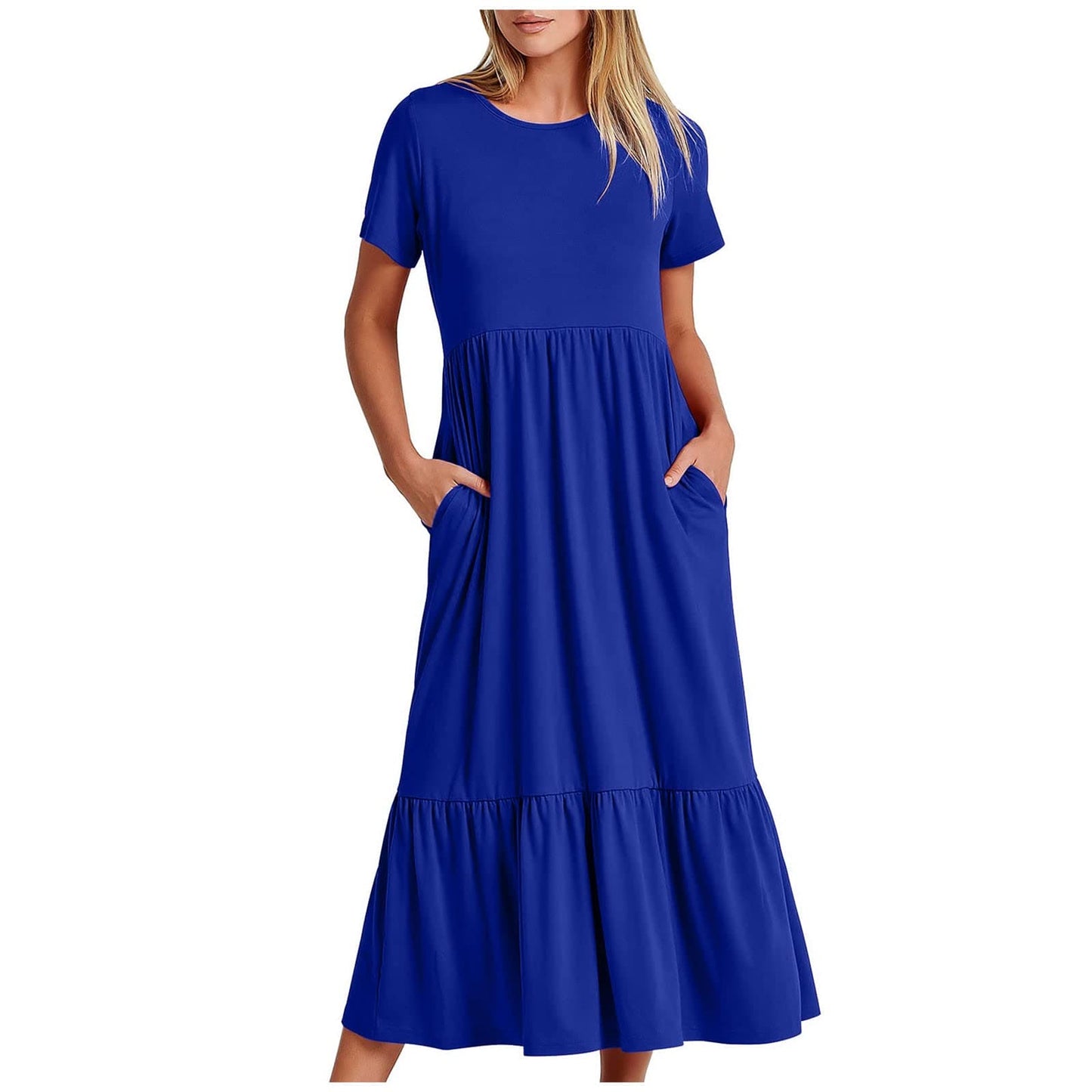 AMhomely Women Dress Sale Summer Casual Short Sleeve Crewneck Swing Dress Flowy Tiered Maxi Beach Dress w/ Pockets UK Ladies Dress Party Beach Dress Club Cocktail Work Dresses, Blue#1, XL