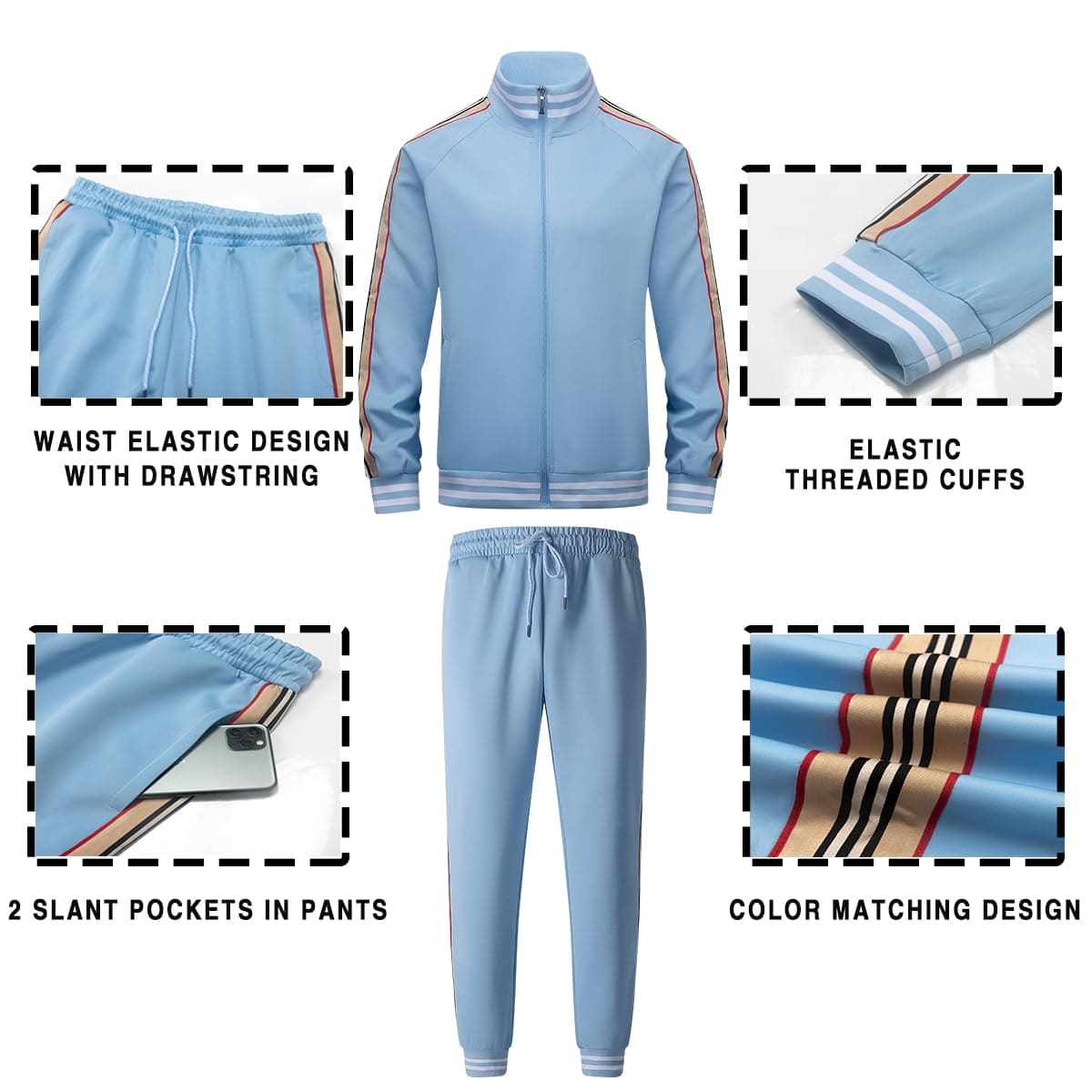 PYALT Men's Tracksuits Long Sleeve Casual Sweatsuit Full-zip Suits Track Active Tracksuit-1215TK2-Blue-XL