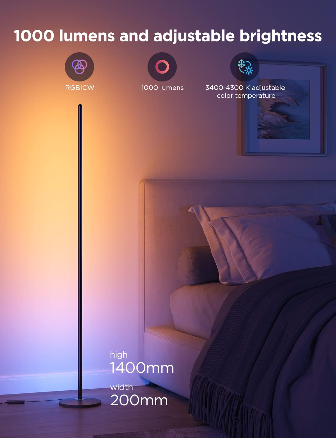 Govee LED Floor Lamp, RGBIC Modern Corner Lamp, Smart Standing Lamp with 61 Scene Modes,Music Sync, Black Corner Floor Lamp for Living Room, Bedroom