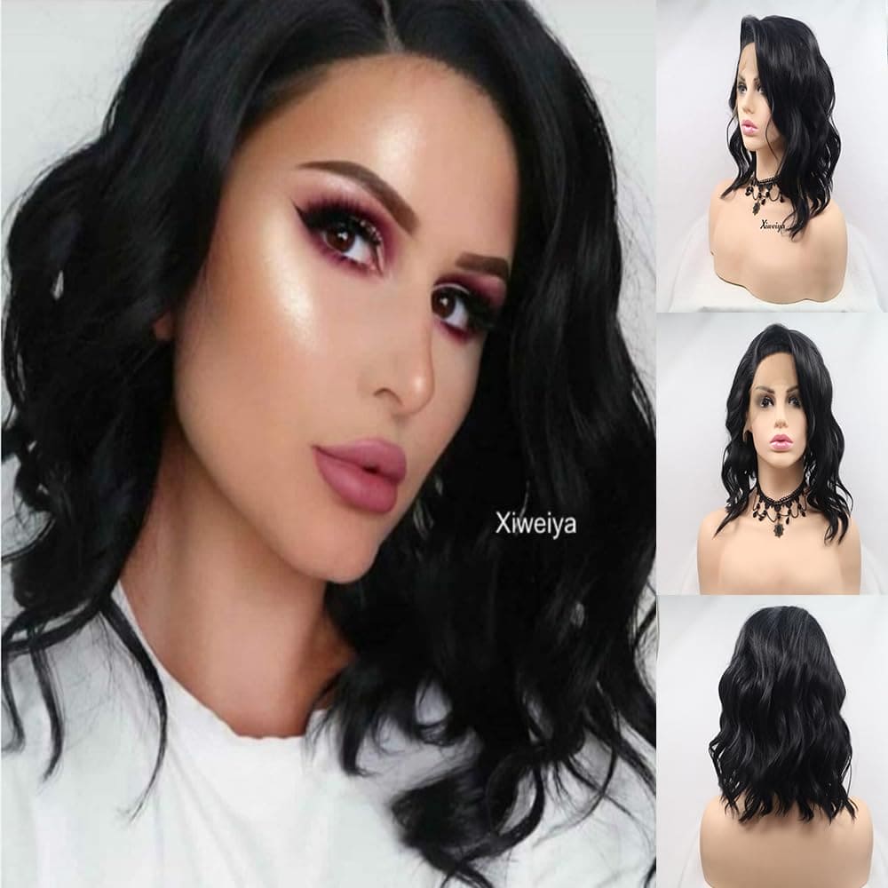 Xiweiya Wigs 1b# Black Loose Wave Bob Lace Front Wig Side Part Natural Black 13x4 Lace Front Wig Natural Hairline Heat Reistant Fiber Synthetic Full Wig Soft Wig for Women 14inch