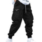 OYOANGLE Men's Casual Drawstring Elastic Waist Flap Pocket Letter Graphic Street Jogger Cargo Pants Black Solid Large