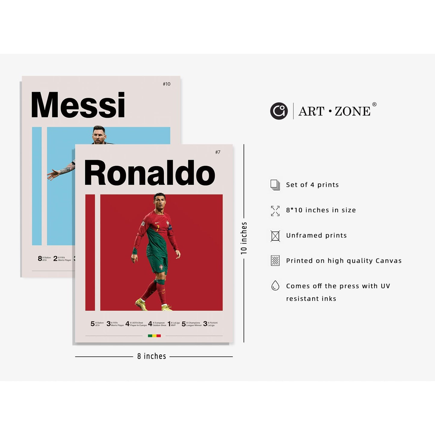 Soccer Posters 8x10 Inch Canvas Prints Unframed Set of 4 - Messi, Ronaldo, Mbape And Neymar Famous Football Superstar Poster Sports Decor for Boys Bedroom Wall Art