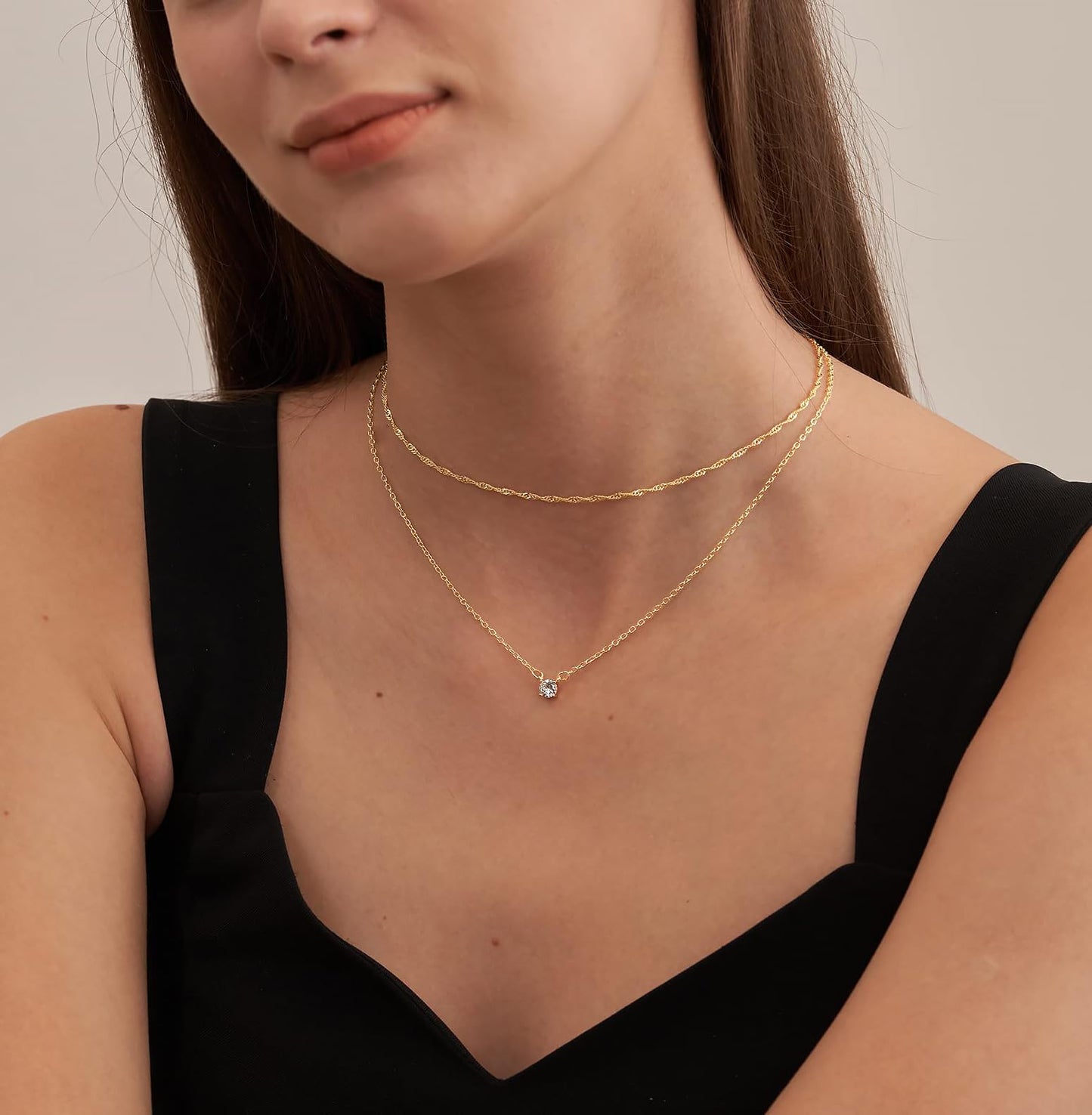 Tewiky Gold Necklace, Dainty Gold Layered Gold Plated Diamond Necklaces Simple CZ Solitaire Pendant Necklace Cute Gold Cubic Zirconia Chain Choker for Women Trendy Girls Gold Jewelry Gift