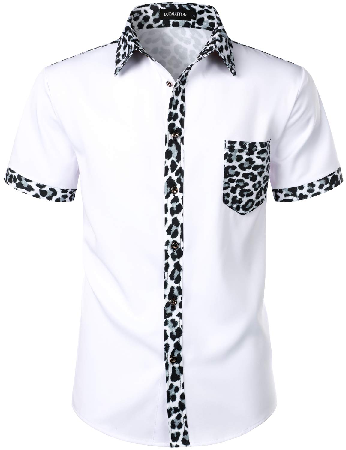 LucMatton Men's Stylish Leopard Print Patchwork Design Short Sleeve Button up Shirt for Club Party White Leopard X-Large