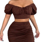 OYOANGLE Women's 2 Piece Outfits Short Puff Sleeve Off Shoulder Crop Tops and Ruched Short Skirts Set Coffee Brown M