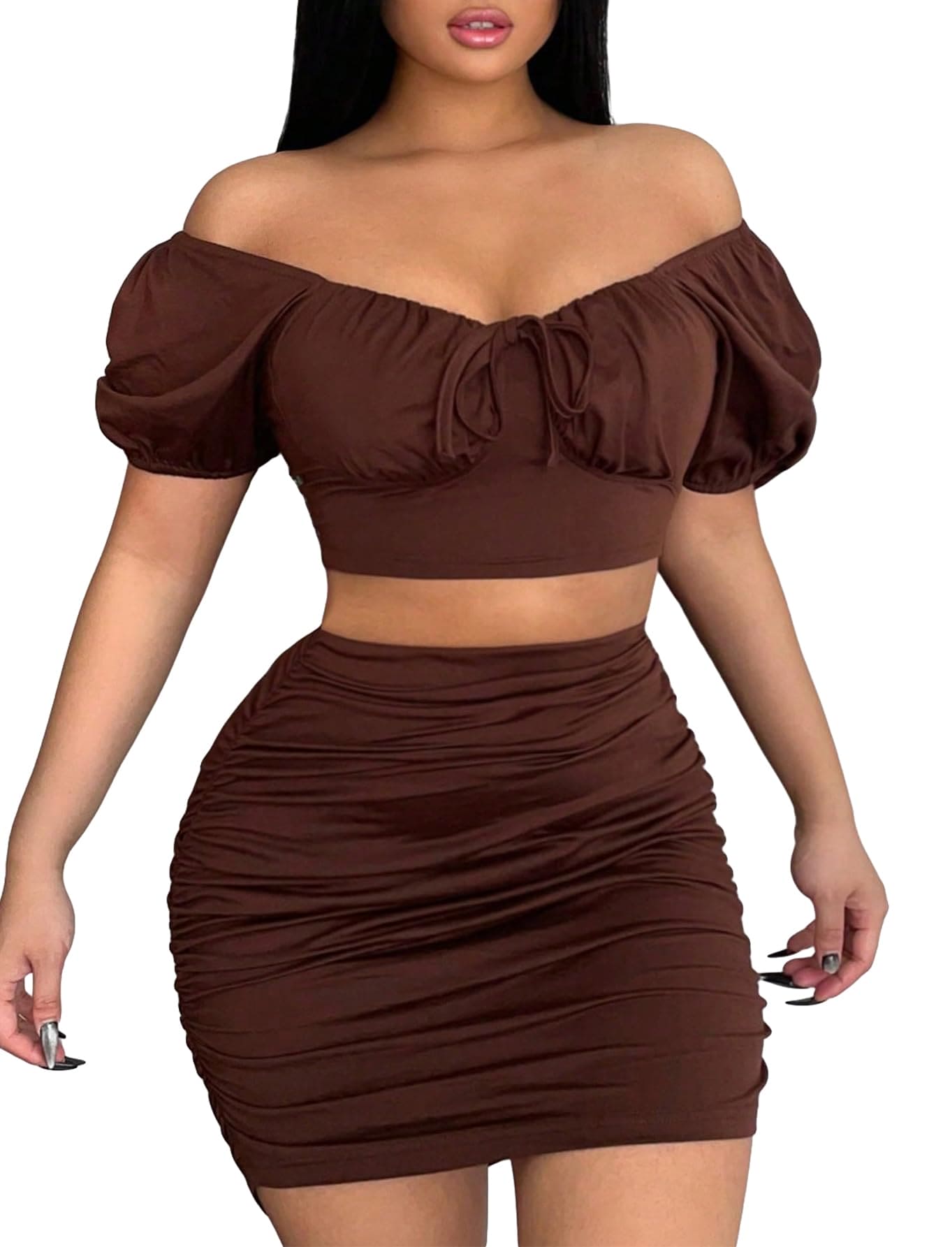 OYOANGLE Women's 2 Piece Outfits Short Puff Sleeve Off Shoulder Crop Tops and Ruched Short Skirts Set Coffee Brown M