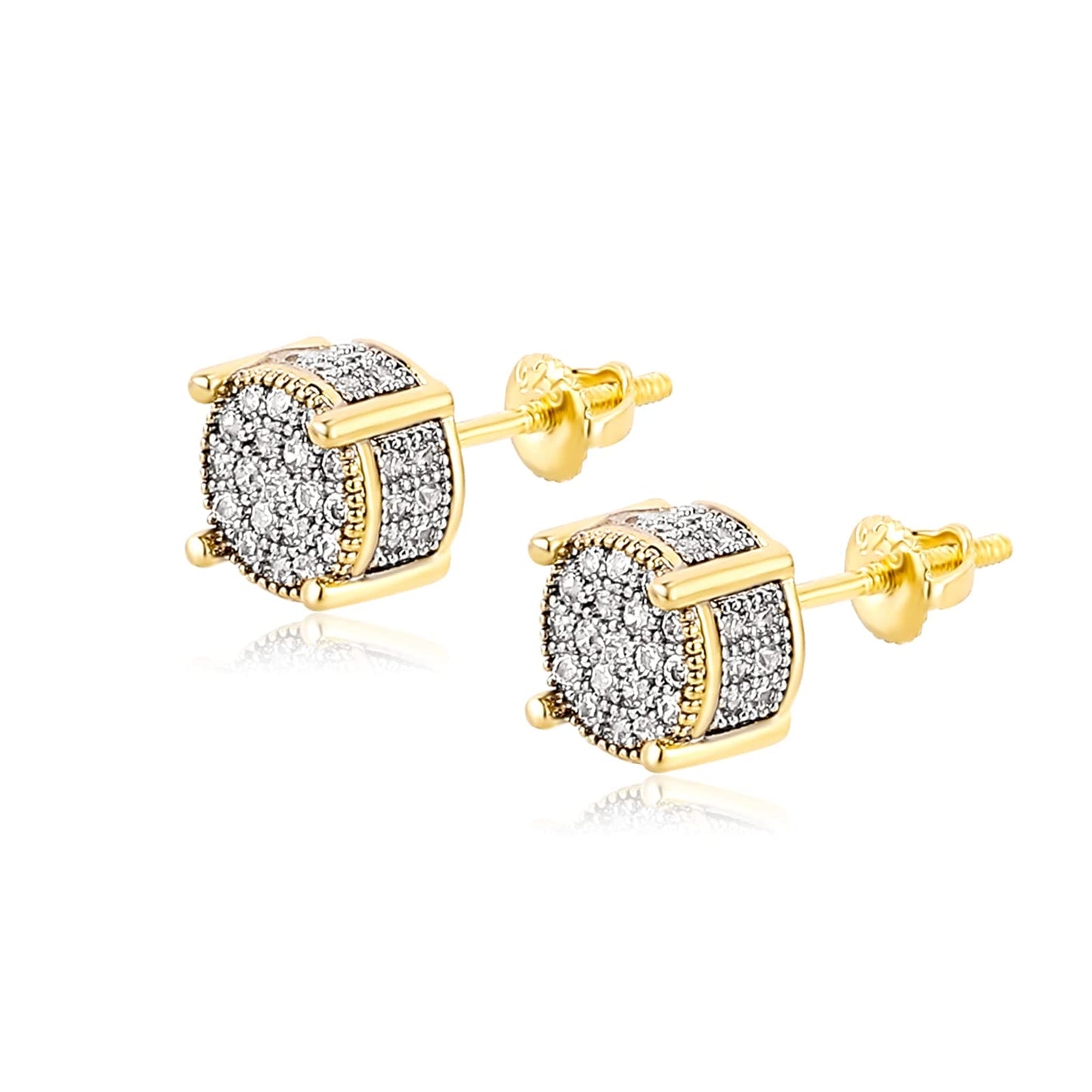 TOPGRILLZ Screw Back Earrings 14K Gold Plated 5A+ Cubic Zirconia Cluster Round Diamond Screw On Stud Earrings For Men Women Aretes De Hombre-Thick Silver