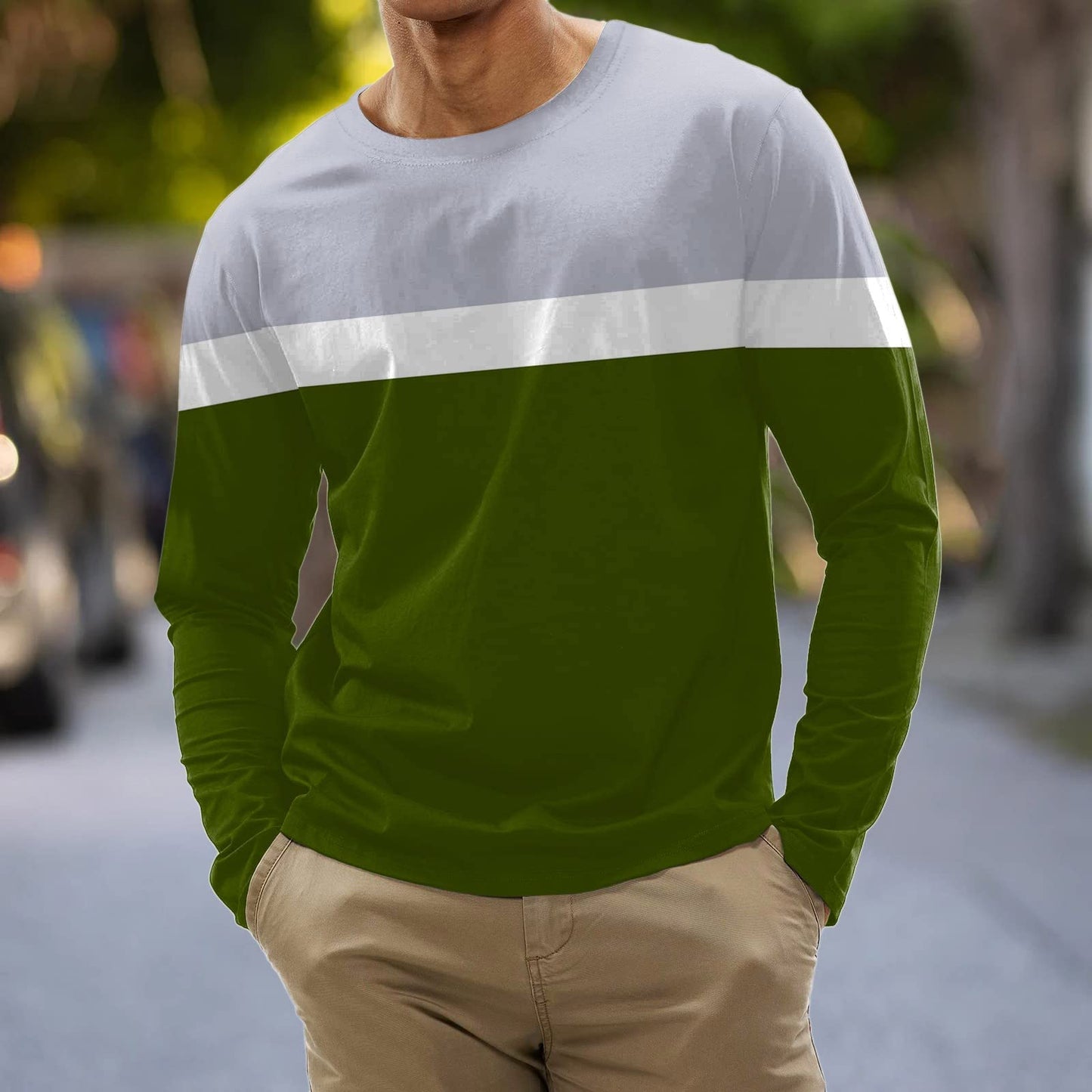 Mens Long Sleeve T Shirt Long Sleeve Polo Shirts Mens Fashion Casual Sports Striped Stitching Digital Printing Round Neck T Shirt Long Sleeve Top Short Sleeve Plus Size Shirt (1-Army Green, XXL)