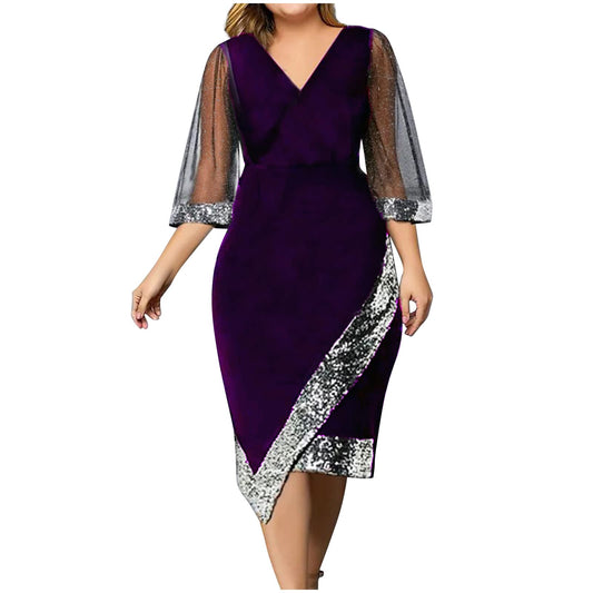 AMhomely Women Dress Sale Clearance Casual V-Neck Irregular Sequin Mesh Half Sleeve Dress Evening Dresses UK Ladies Dress Party Beach Dress Club Cocktail Work Dresses Evening Gowns Purple, 3XL