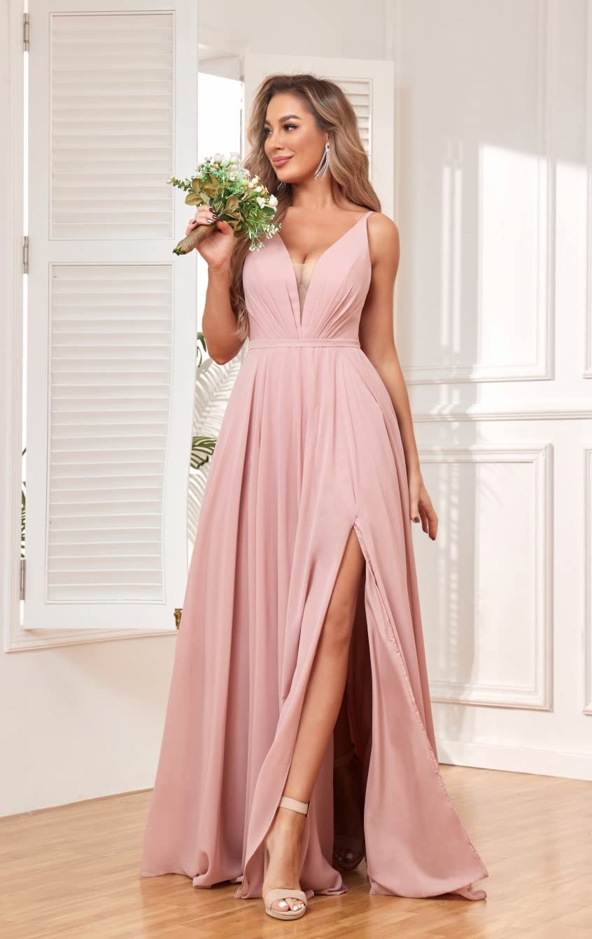 PAVERJER Dusty Rose Bridesmaid Dresses for Women Chiffon Ruched V Neck Formal Evening Dress with Slit Size 2