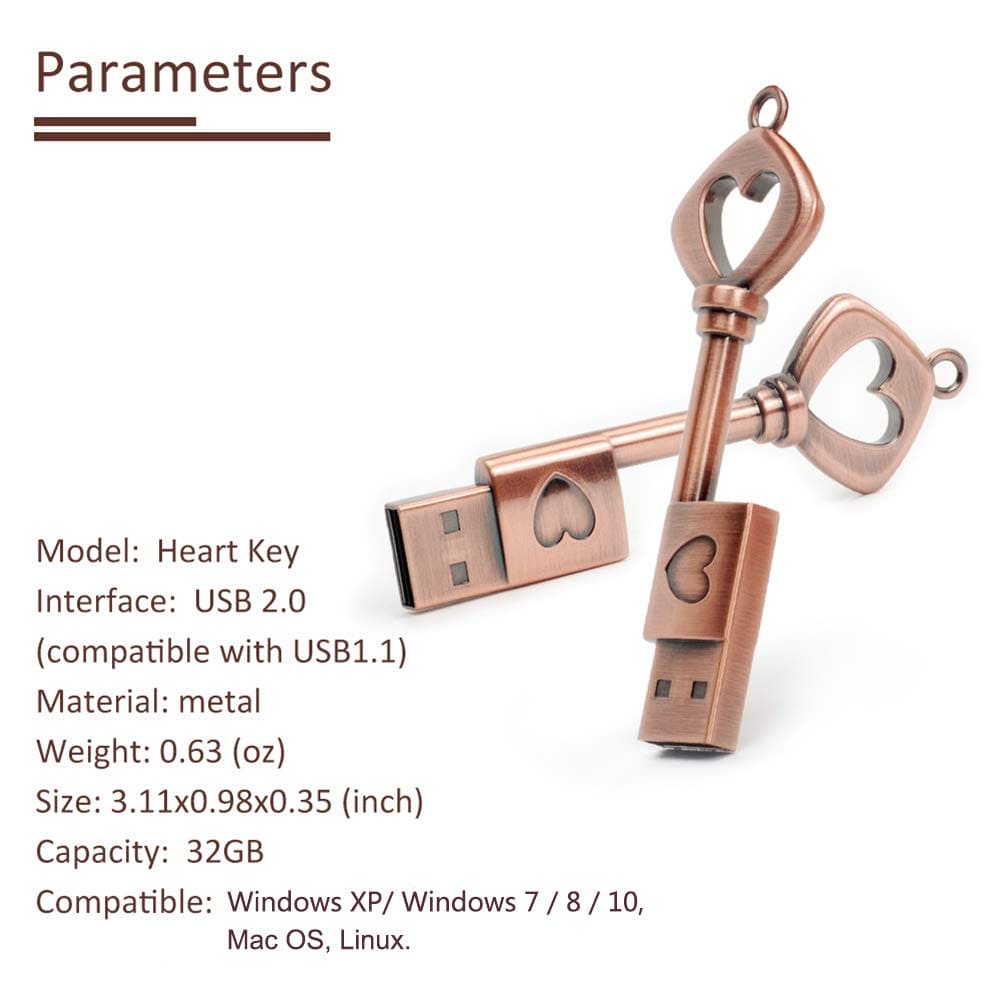 BORLTER CLAMP 32GB USB Flash Drive Cute Memory Stick Retro Metal Heart Key-Shaped Pendrive for External Data Storage