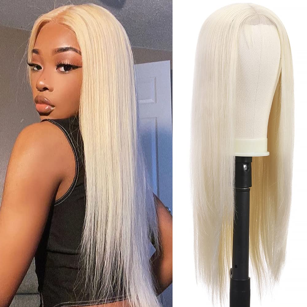 iShine Blonde Wig Long Straight Blonde Synthetic Lace Front Wigs Natural 4x4 Lace Silky Platinum Wigs With Middle Part for Women Party Daily Use Heat Resistant Fiber 24Inch