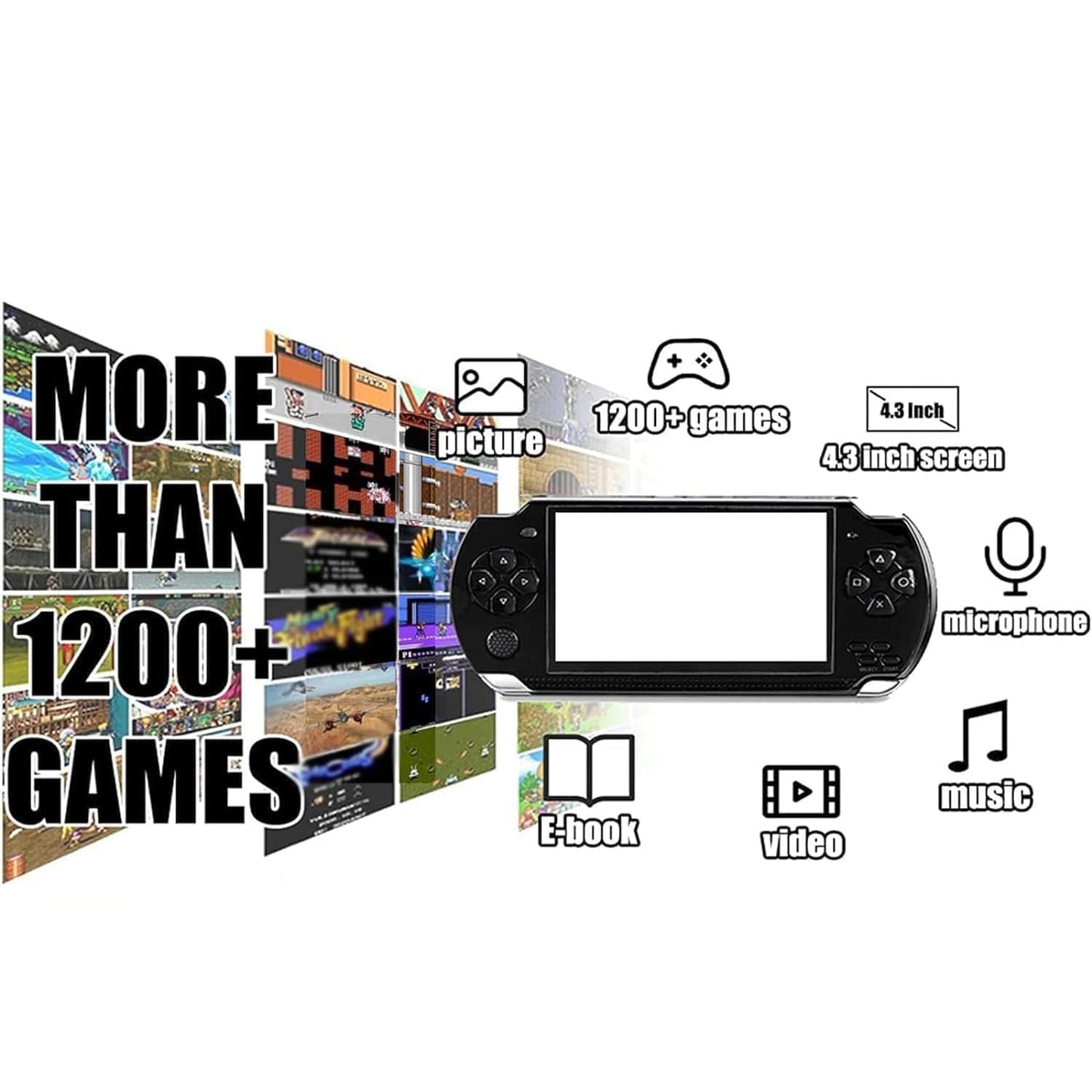 Handheld Game Console, Built-in 1200 Games 4.3’’ HD Screen Retro Gaming System, Support TV Output, Portable Rechargeable Game Console with Dual Joystick, Best Gift for Kids and Adult