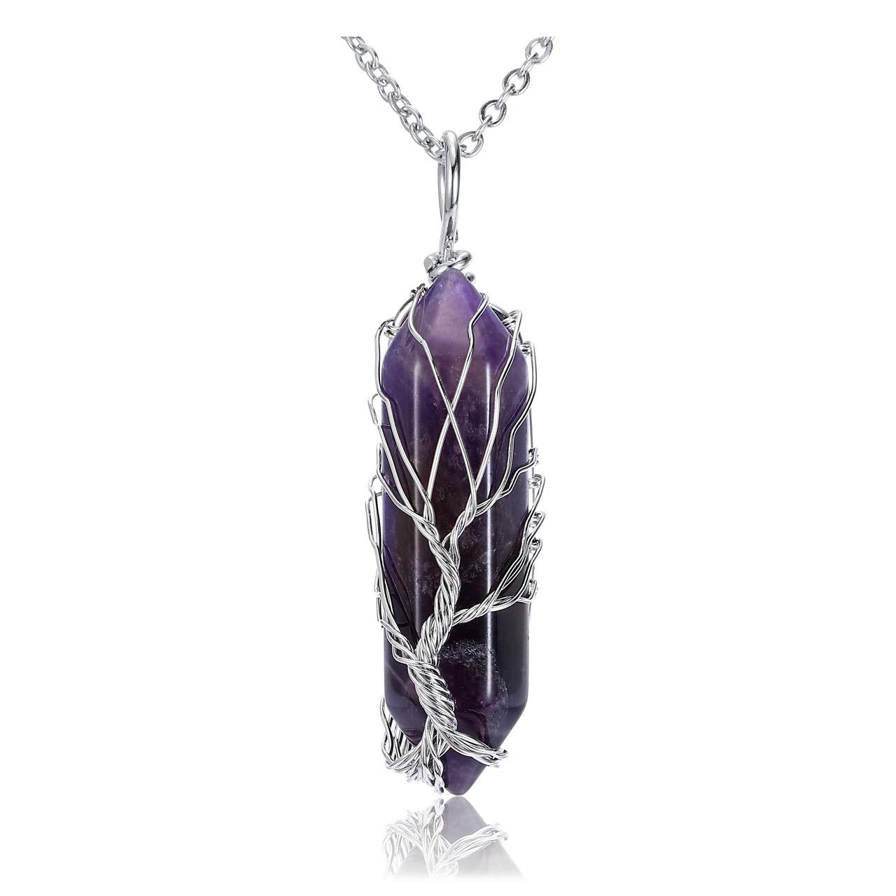 CrystalTears Amethyst Healing Crystal Stone Necklace Tree Life Wire Wrapped Natural Hexagonal Crystal Points Pendant Necklace Mothers Day Gifts for Mum Women Her Wife Girlfriend