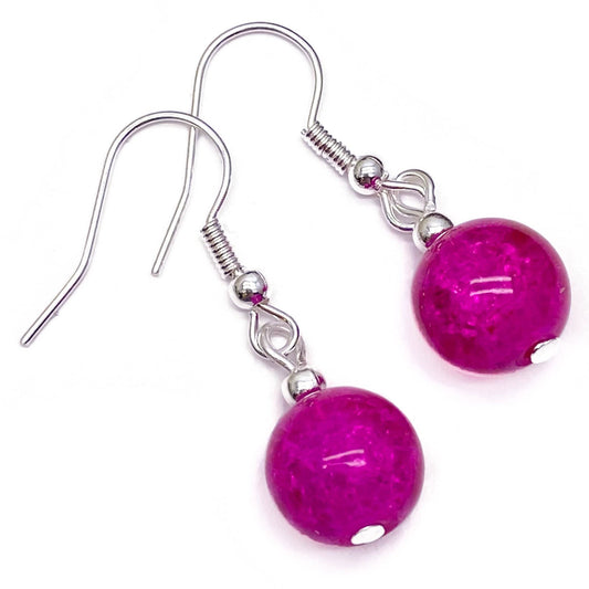 Hot Pink Crackle Glass Bead Earrings - 10mm Round Beads on Nickelfree Hooks