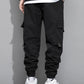 OYOANGLE Men's Cargo Pants Drawstring Elastic Waist Flap Pocket Casual Street Pants Black L