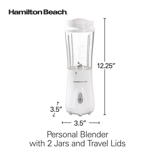 Hamilton Beach Portable Blender for Shakes and Smoothies with 14 Oz BPA Free Travel Cup and Lid, Durable Stainless Steel Blades for Powerful Blending Performance, 2 Jars - White (51102V)