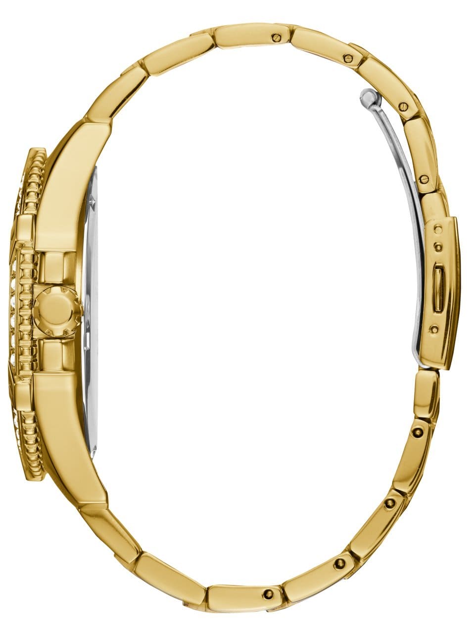 GUESS Stainless Steel Gold-Tone Crystal Embellished Bracelet Watch with Day, Date + 24 Hour Military/Int'l Time. Color: Gold-Tone (Model: U0799G2)