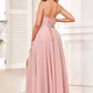 PAVERJER Dusty Rose Bridesmaid Dresses for Women Chiffon Ruched V Neck Formal Evening Dress with Slit Size 2