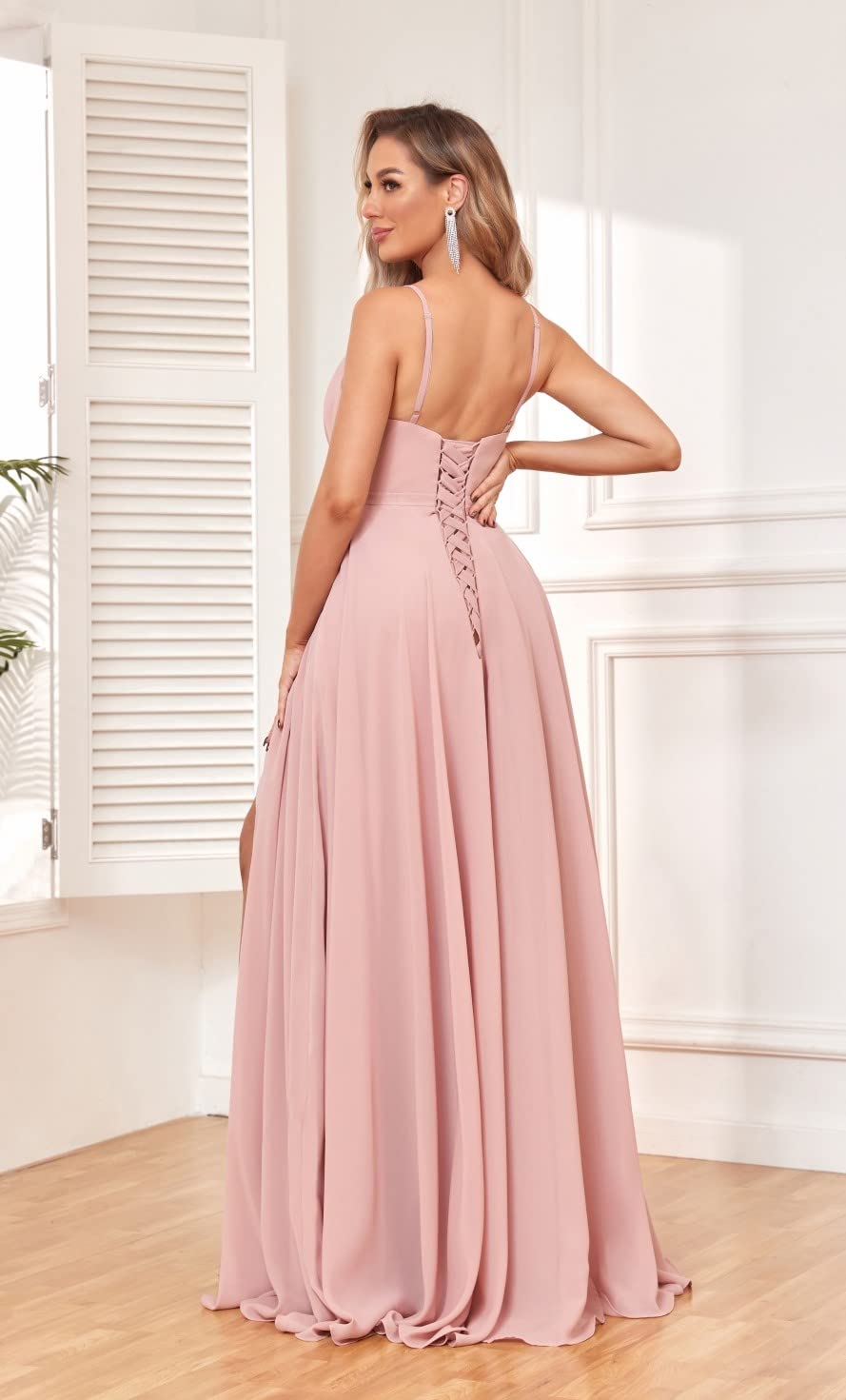 PAVERJER Dusty Rose Bridesmaid Dresses for Women Chiffon Ruched V Neck Formal Evening Dress with Slit Size 2