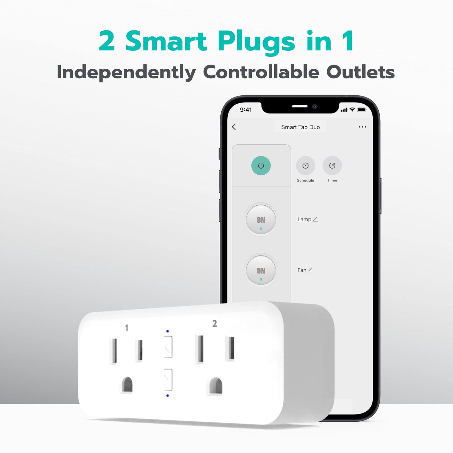 KMC Smart Plug Duo, 2-Outlet Wi-Fi Smart Plug, 2-Pack, Multi Plug Adapter, Independently Controlled Smart Outlets, Works with Alexa & Google Assistant, No Hub Required