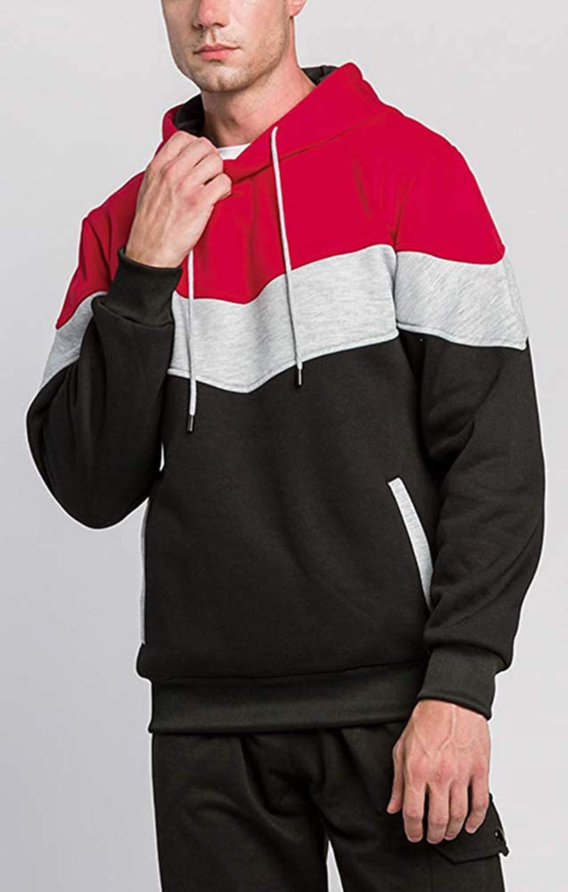 comefohome Mens Hoodie Pullover Color Block Sweatshirts Long Sleeve Hoody Drawstring Casual Tops with Pockets Red L