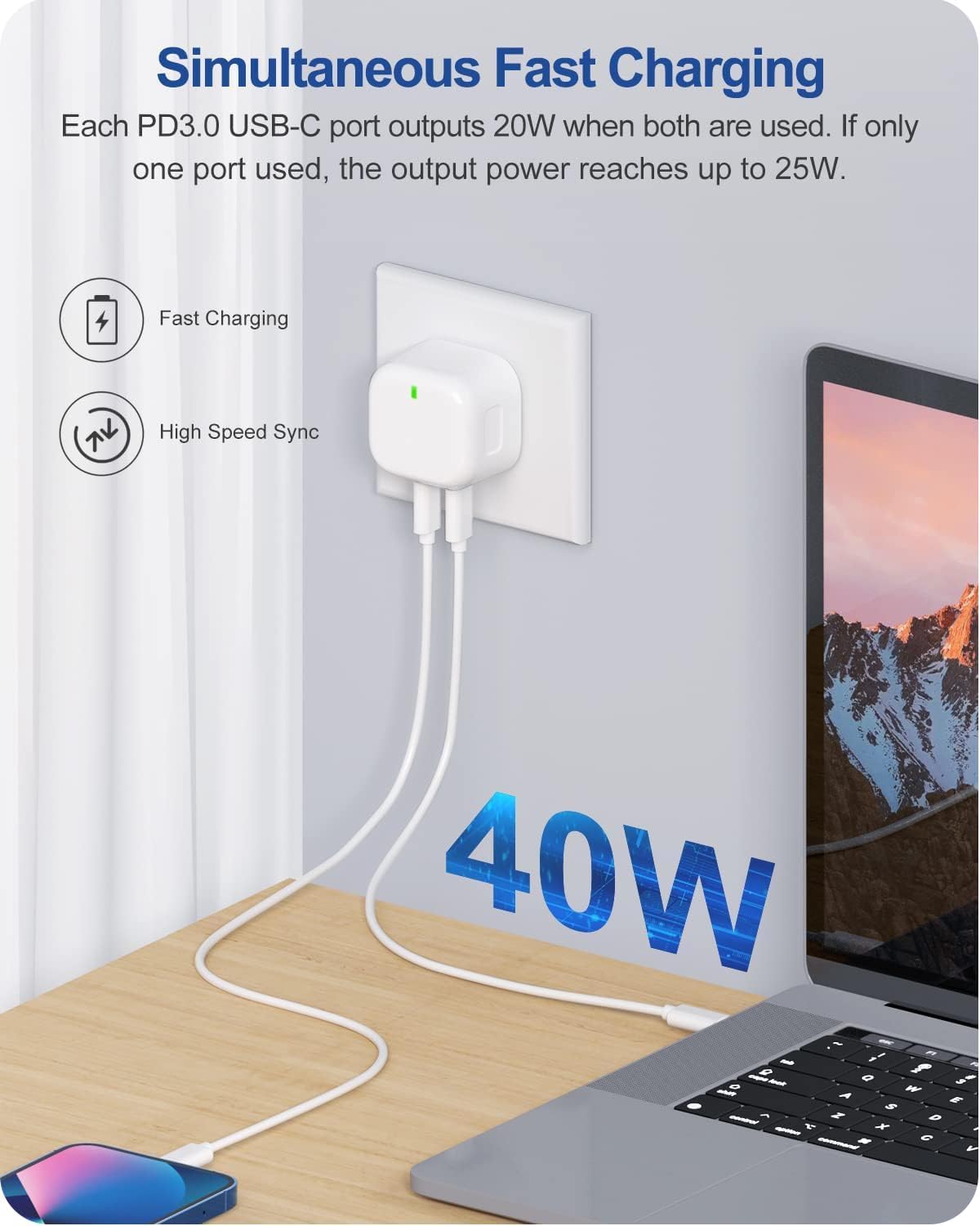 i Phone Fast Charger plug and Cable, [MFi Certified] dual 20W PD USB C Power Adapter with USB C-Lightning*1+USB C-USB C*1 Cable 2M,USB C Wall Charger for i Phone14/13/12/11/X/8/iPad AirPod